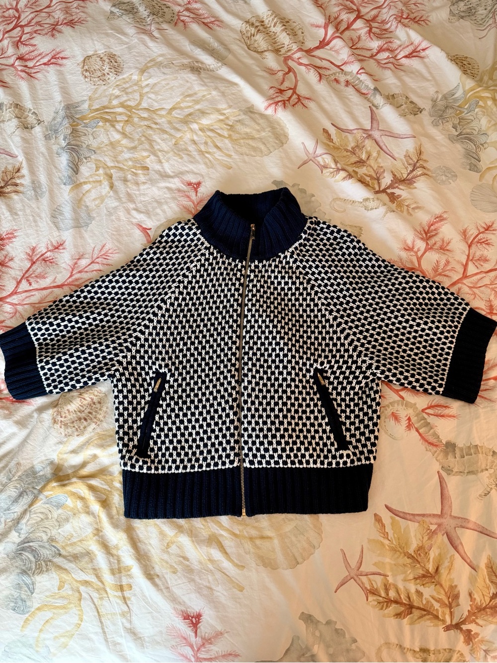 Jones New York Batwing Heavyweight Cardigan Zip Geometric Short Sleeve Petite M